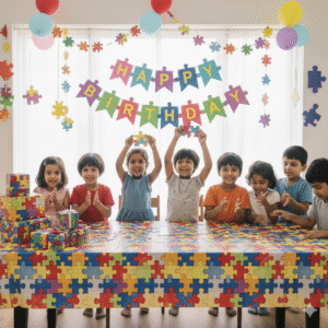“Kids enjoying a puzzle-themed birthday party with colorful jigsaw decorations, balloons, and puzzle activity tables.