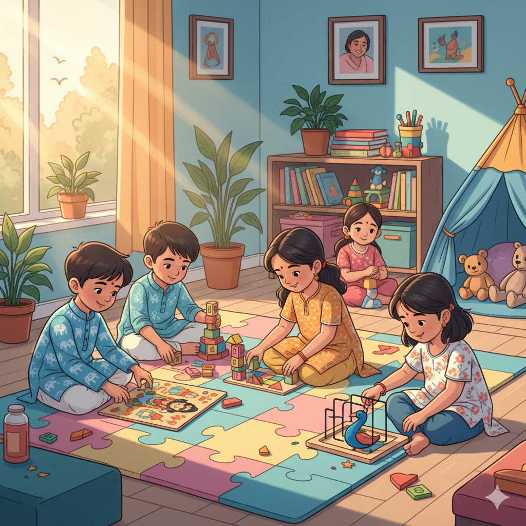 Group of children enjoying jigsaw puzzles and logic games as a screen-free activity