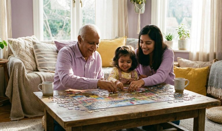 Multi-generational family enjoying a jigsaw puzzle together, showing that jigsaw puzzles are timeless and ageless.