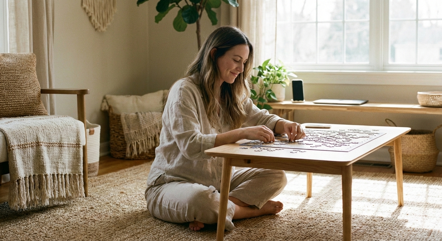 Person solving a jigsaw puzzle in a calm home setting to reduce restlessness caused by excessive screen time