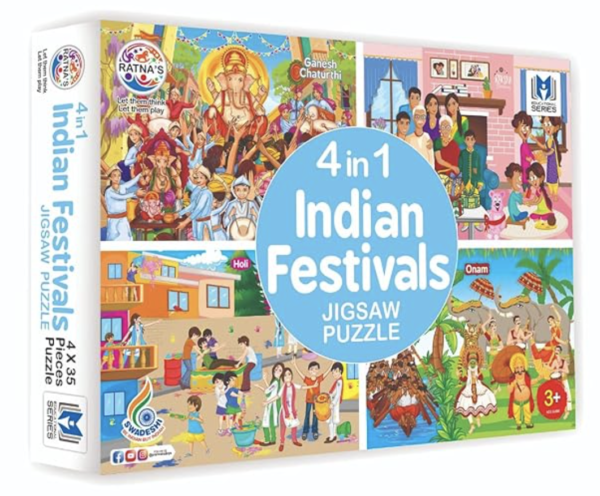 Ratna's 4 in 1 Indian Festivals Jigsaw Puzzle for Kids | 4 Jigsaw Puzzles with 35 Pieces Each for Festivals Like Ganesh Chaturthi, Raksha Bandhan, Holi & Onam Puzzle for Kids 3+ Years